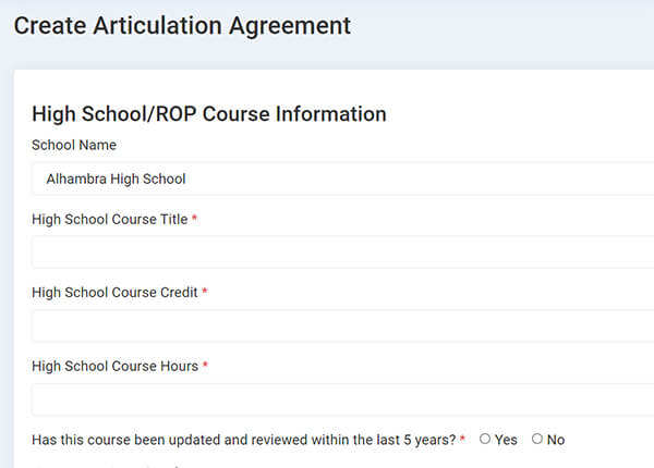 Screenshot of articulation agreement creation screen