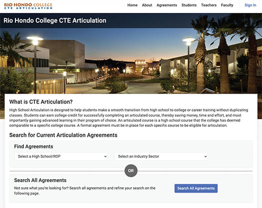 CTE Articulation app example page
